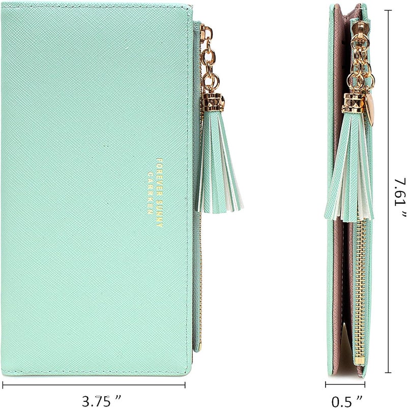 KOTORA Womens Slim Wallet Girls Thin Wallets Pretty Mini Long Card Holder Small Tiny Clutch Zip Purse Love Pendant Tassels Billfold (Green) - Image 3